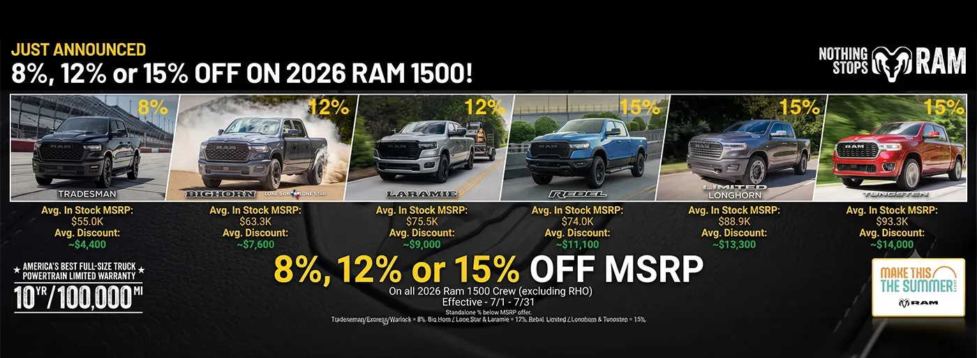 Just announced 8%, 12%, or 15% off on 2026 Ram 1500s